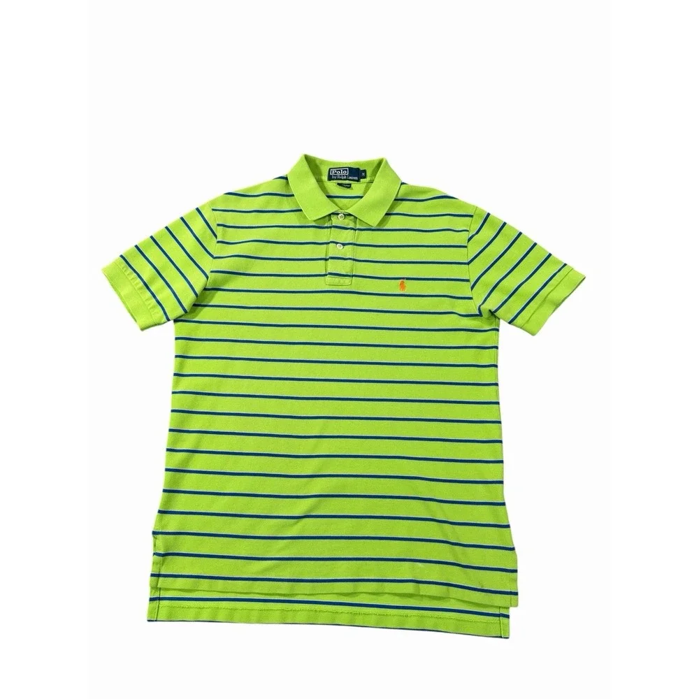 Polo Ralph Lauren Mens M Green Blue Striped Polo Shirt Orange Pony Cotton
